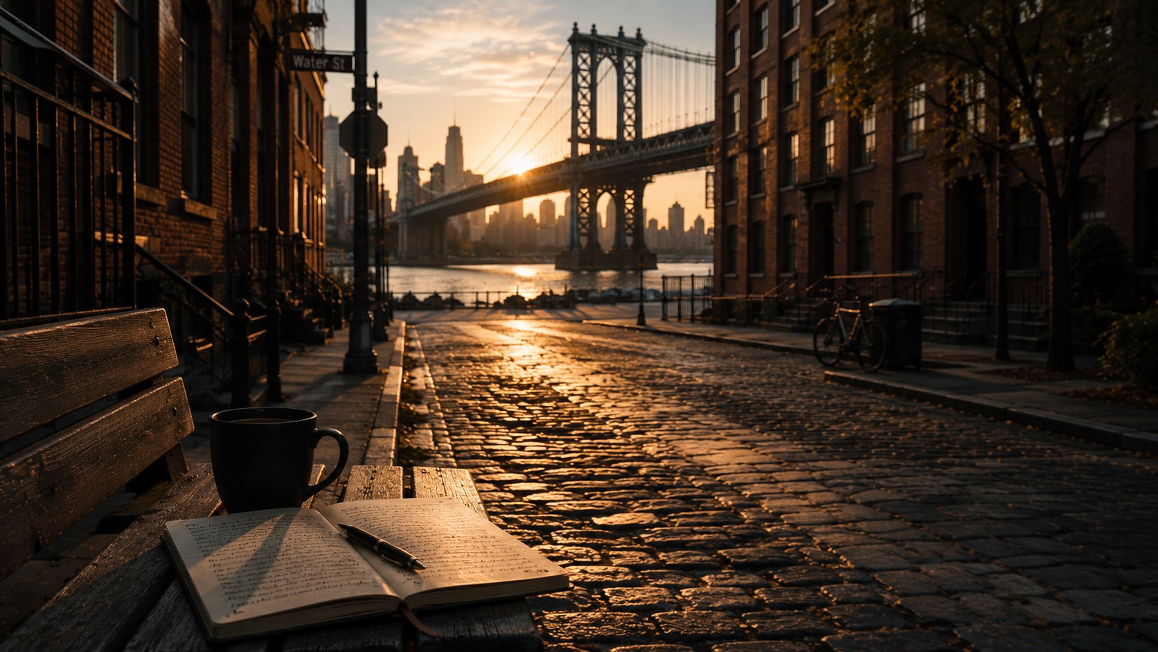 A journal and a cup of coffee on a Brooklyn bench at sunrise, the Manhattan Bridge and skyline beyond